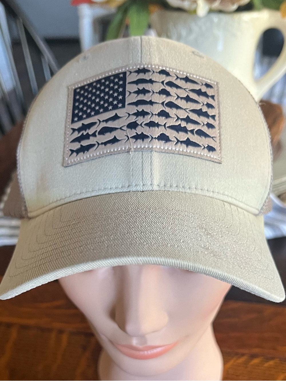 Columbia Khaki Baseball Cap with Navy Fish Flag Patch L/XL